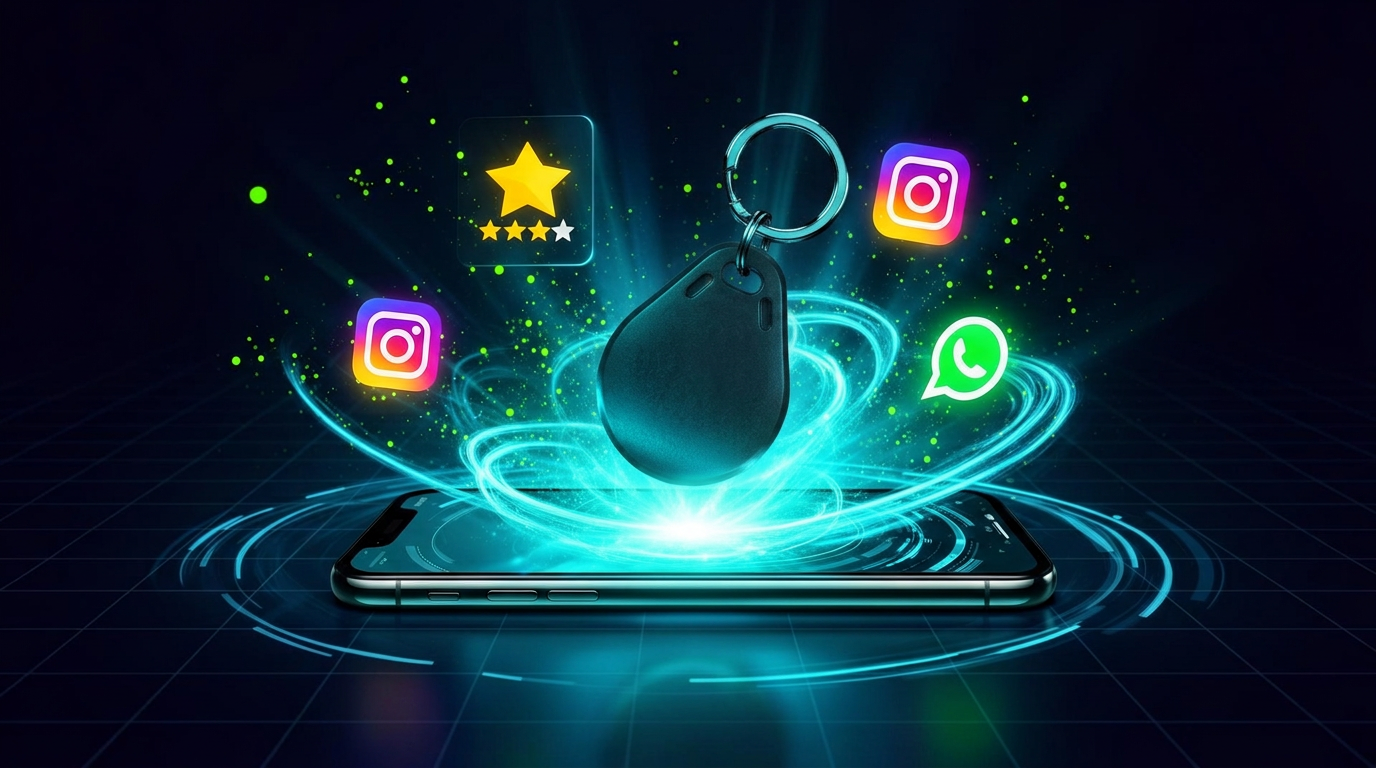 Tag NFC chaveiro futurística sendo aproximada de um smartphone com ondas de sinal
